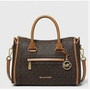 MICHAEL KORS Carine Medium Logo Satchel Crossbody Bag Brown Gold NWT MSRP $398